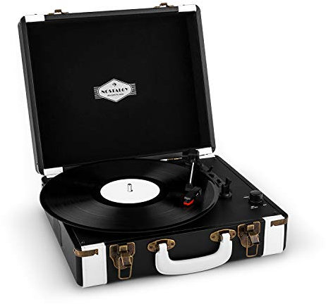 AUNA Jerry Lee - Platine Vinyle, Tourne Disque, Lecteur vinyles, Enceintes Stéréo, Numérisation Via Port USB, 33, 45 et 78 T/Min, Poignée de Transport - Noir/Blanc