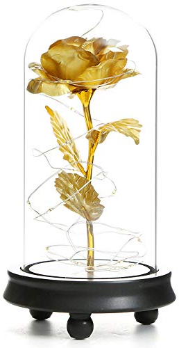 Valentinstag Rose Blume Lampe Blattgold Glas Lampenschirm LED Warmes Licht Mit Handgefertigten Künstlichen Blumen Geeignet Für Hochzeitsdekoration Zusammen DIY Geschenke Für Paare Jubiläum (Golden)