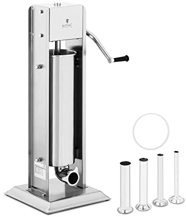 Royal Catering Poussoir À Saucisse Machine A Viande Manuel Vertical Bourreuse Embosseuse Charcuterie Main RCWV-7L (Volume 7 l, Cylindre Ø 14 cm, 4 Tubes De Remplissage, 2 Vitesses, Manivelle)