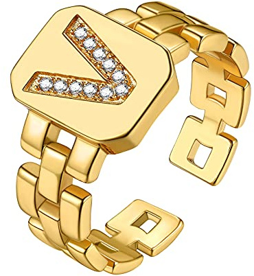 GoldChic Jewelry Buchstaben Ring Kupfer Damen Offener Verstellbarer stapelbarer Ring Initiale Alphabet A-Z Ring mit Zirkonia Schlichter Polierter Siegelring Riemenmuster offener Ring in Gold