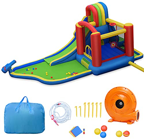 COSTWAY Aufblasbare Hüpfburg mit 450W Gebläse Rutsche Wasserbecken, Springburg Spielpool Hüpfschloss Outdoor Bouncer Luftgebläse inkl. Tragetasche, Pfähle, Reparaturpaket 580x270x230cm