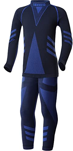 Ladeheid Skiunterwäsche Kinder Funktionsunterwäsche Set Langarm Shirt Lange Unterhose Thermoaktiv LAGI009 (Schwarz/Marineblau, 158-164)