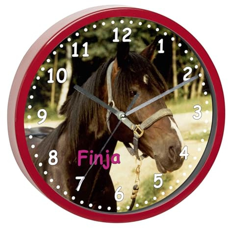 CreaDesign, Wanduhr für Kinderzimmer Pferd Orignial, Kinderuhr rot mit Quarz Uhrwerk, personalisiert mit Name, Durchmesser 19,5 cm