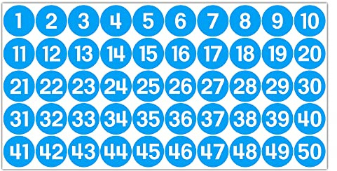 GamesMonkey® - Étiquettes Chiffres Autocollants Cercles - Bleu Clair - de 1 à 50 - (50-500 - 2500 pièces)(10-25 mm) Vinyle - Inventaires (25 mm - 2,5 cm, 50 pièces - 1 feuille)