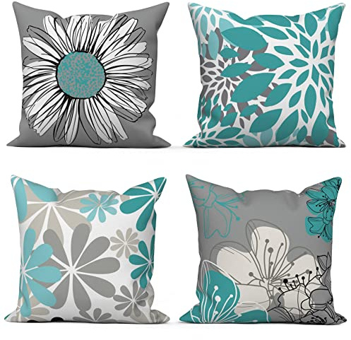 ASDCXZ Grönt örngott 50 x 50 cm set om 4, nordeuropa modern vår blommor grön grå soffa dekorativ kudde örngott örngott tvättbar polyester linne textil stoppning örngott