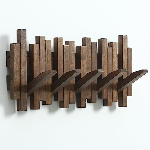 GOGREEBELL Natural Wood Wall Mounted Piano Coat Rack| Coat Rack Wall Mount| Flip Down Wall Hook Rack 5 Hooks| Entryway Coat Rack,Made of Acacia Wood (Walnut Color Dyed with Wood Wax Oil).Wall Art