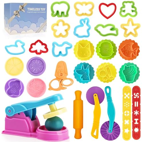 Decebaya Teigwerkzeuge für Kinder - Spielzeugzubehör beinhaltet Kuchenstempel, Schneider, Scherenwalze, Extruder-Formen und Aufbewahrungsbox, Partyzubehör, Set für Kinder von 2–8 Jahren