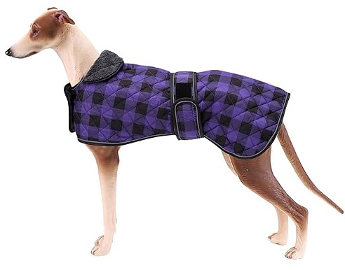 Geyecete Wasserdichter Hundemantel,Windhund Mantel,Whippet Hundejacke Winter,mit Warmem Fleecefutter innen,Verstellbaren Outdoor Hundebekleidung für Windhunde/Lurcher/Whippet-Kariert Lila-XXL