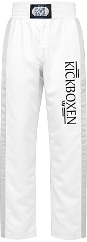 BAY Edel Stick Kickboxhose Kampfsporthose Weiß lang Streifen in Silbergrau seitlich Polyester gestickter Schriftzug Erwachsene Damen Herren Kinder Jungen Mädchen Größe XL (190)