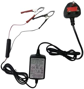 KITTYROC 14.6V 1A LiFePO4 battery charger with dual clip alligator connector, suitable for 4S 12V rechargeable lithium iron phosphate batteries