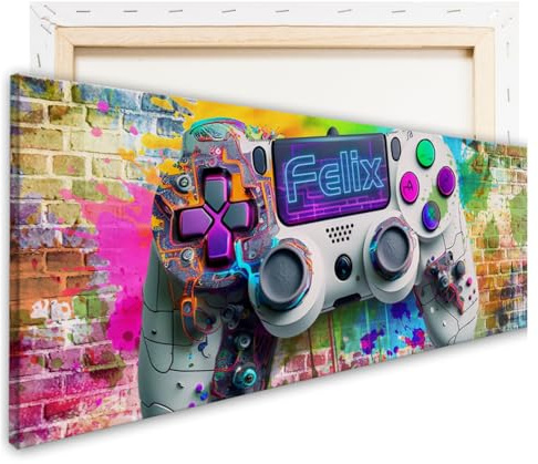 tjapalo® vz123bl Gamer Leinwandbild mit Namen Graffiti Bild gaming Deko Wanddeko gamer Bild für die Wand Wandbild Jugendzimmer gamer Bilder geschenkidee personalisiert, Größen Name: B120xH40cm