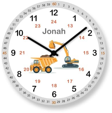 Faramosa Kinderzimmer Wanduhr Bagger 12/24 Stunden Kinder Lernuhr Jungen mit Namen personalisiert Uhrzeit lesen Lernen Zeiger