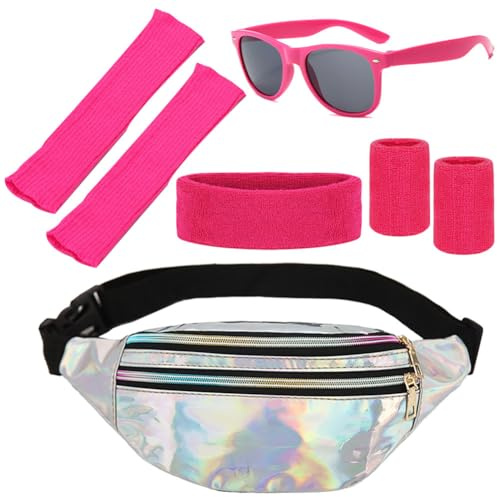 BCEDIGAD 80er Jahre Outfit Damen Set, Silber Gürteltasche, Rosa Stirnband & Beinwärmer, Armbänder, Brille, Neon Kleidung Damen 80er Jahre Accessoires