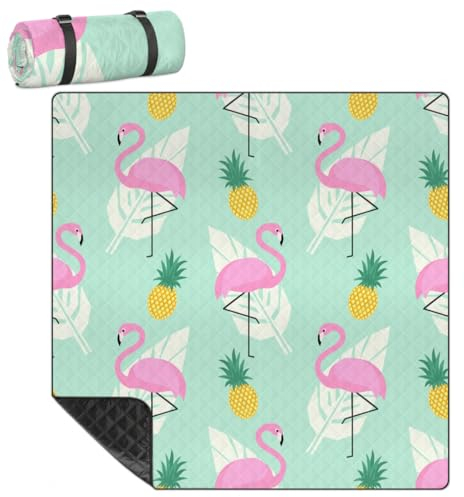 Mularoka Flamingo Picknickdecke, Ananasblatt, wasserdicht, sanddicht, faltbar, Stranddecke, 200,7 x 200,7 cm, extra groß, tragbar, waschbar, Outdoor-Matte für Camping, Park, Gras, Wandern, Reisen