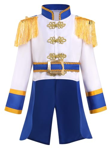 AWIBMK Prince King Charming for Kids Boys Medieval Royal Prince Circus Ringmaster Soldier Royal Guard Pirate Jacket Outfits White + Blue 4-5 Years