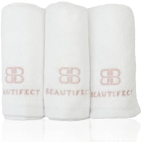 Beautifect Lot de 3 serviettes de toilette en bambou infusé de bambou et coton – Matériaux naturels adaptés aux peaux sensibles – 3 débarbouillettes nettoyantes et démaquillantes – Avec tube de