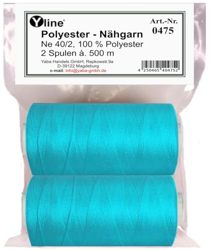 Yline - 1000 m (2 Spulen) Nähgarn für Nähmaschine, Nähfaden Polyester, Syngarn Allesnäher, 0475-13 (neon - blau)