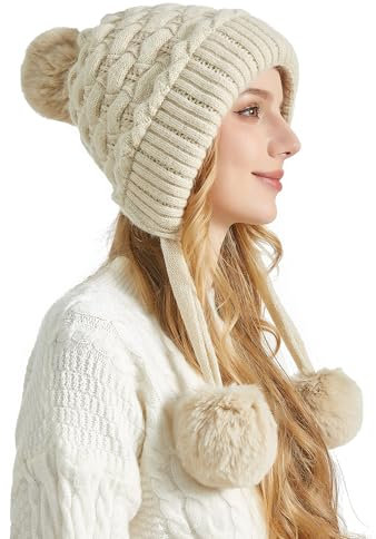 FEOYA Damen Wintermütze Ski Bommelmütze Fleece warme Strickmütze mit Pompom Ohrklappen Mütze Kunstpelz Beanie Mütze Beige