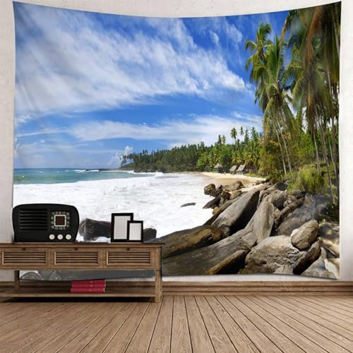 Mesnt Wandteppich Strand Groß, 200x200cm Palmen und Meer Strandlandschaft Tapisserie Dekoration für Schlafzimmer Wohnzimmer | Blau Grün Weiß