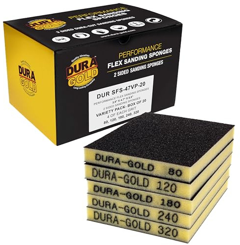 Dura-Gold Sanding Sponge for Wood, Metal 80, 120, 240, 320 - Box of 20-4.7 x 3.9 Coarse Medium Fine Grit Flexible Softback Sand Paper Foam Sanding Block for Drywall Abrasive Blocks Pad Sandpaper