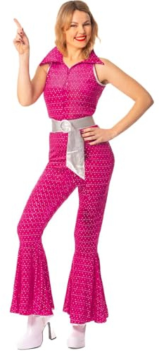 SoWest 70s Disco Costume, Shiny Sequin Dance Party Jumpsuit, Adult Fancy Dress Retro Costumes with Belt for Stage Performance and Halloween Themed Events, Pink - L