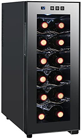 Elektronischer Weinschrank für 12 Flaschen, mit Thermostatsteuerung, freistehender Arbeitsplatte, Weinkühlschrank mit digitalem Touchscreen, Temperatur einstellbar, Doppelglastüren, kleiner