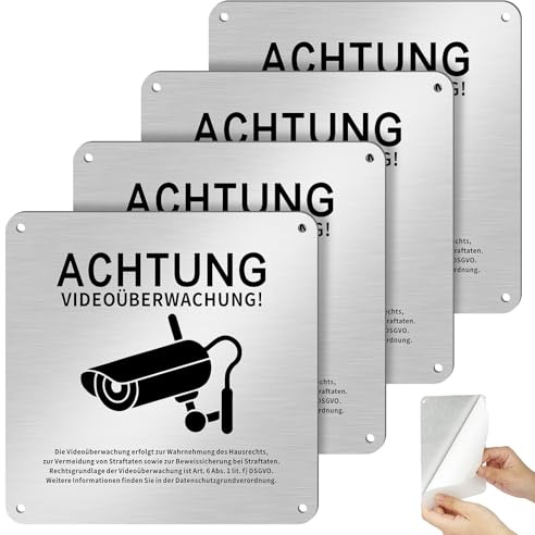 4 Stück Achtung Schild Videoüberwachung Privatgrundstück mit DSGVO Hinweis | 15x15cm Aluminium Hinweisschild Videoüberwachung mit Selbstklebend und 4 Bohrlöcher