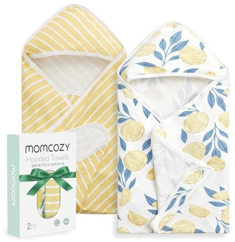 momcozy Asciugamano da bagno con cappuccio, confezione da 2 pezzi, con cappuccio e spugna di cotone, misura grande, 90 x 90 cm, per ragazzi/ragazze, dai neonati ai bambini, foglie di limone