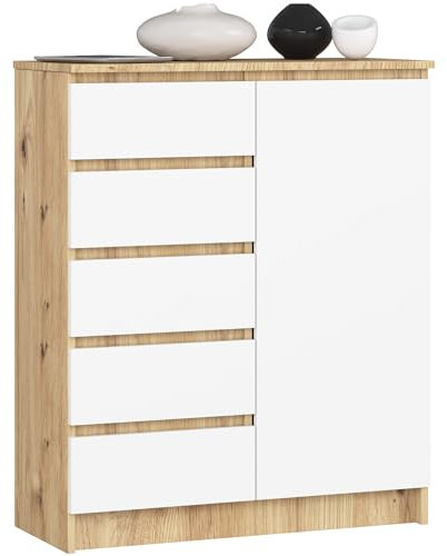 AKORD Kommode K80 mit 5 Schubladen, Schrank mit 1 Tür 3 Regalböden, Für das Wohnzimmer Schlafzimmer, Moderne, 16mm Laminierte Platte, B80xH97xT35 cm, Farbe Artisan-Eiche & Weiß