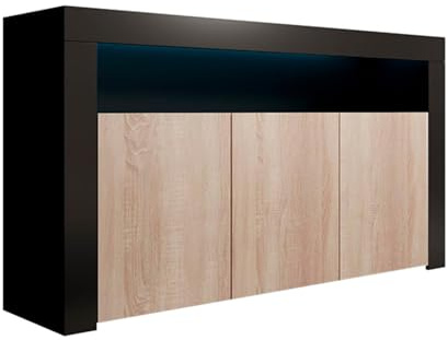 MB Muebles Bonitos, Buffet Aker avec Lumière LED et 3 Portes pour Salon et Salle à Manger, Meuble TV en Mélamine Mate, Couleur Noir et Sonoma, 155x91,5x37 cm