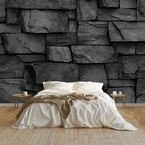 Papel pintado Mural Adhesivo de Pared Textura De Pared De Piedra Art Papel Tapiz Fotográfico 300x210 cm Personalizada Catering Papel Tapiz Restaurante Decoración de Fondo Mural, Gris Oscuro