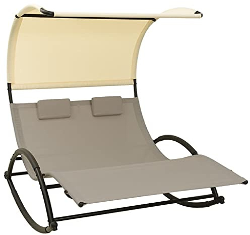 EMYRLXQW Outdoor Furniture-Outdoor Seating -Double Sun Lounger with Canopy Textilene Taupe and Cream