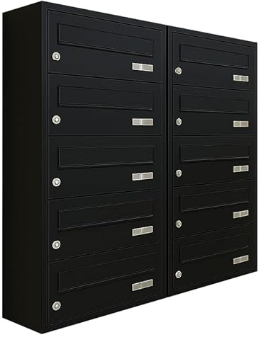 ALSTEN TECH Wandbriefkasten 10-er Briefkastenanlage RAL9017 Schwarz | Postkastenanlage mit 10 Fächern aus verzinktem Stahl, pulverbeschichtet Wandmontage Innen und Außen, für Büro und Zuhause