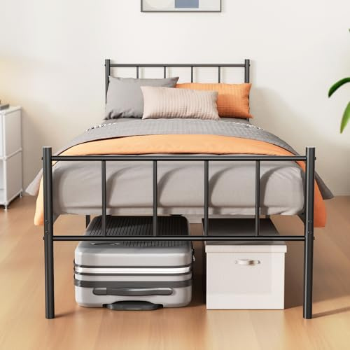KUTAS Lit 90 x 200 cm, Cadre de lit avec tête de lit, Hauteur de 36 cm avec 32 cm d’Espace de Rangement, 14 rangées de Lattes métalliques, Facile à Monter, Silencieux, Pas de sommier nécessaire, Noir