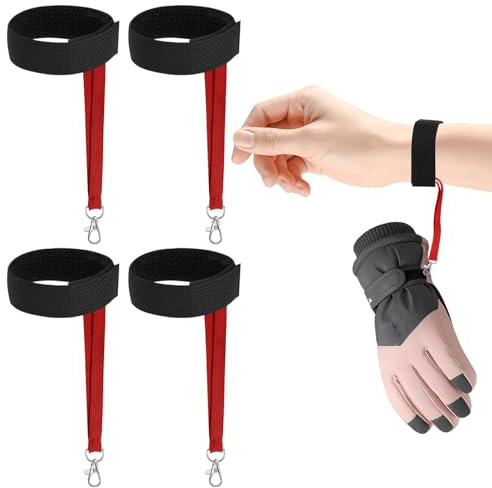 4 guantes de esquí deportivos rojos de invierno con correa elástica para la muñeca, accesorios de snowboard para hombre, correas de seguridad con llaveros para montañismo, snowboard y actividades al