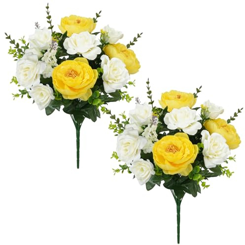 HO2NLE 2 Bunches Spring Cemetery Flowers for Grave Yellow Roses Artificial Flowers 18'' Faux Peonies Silk Floral Arrangements Memorial Flowers for Outdoor Headstone Vase Table Centerpiece Home Decor
