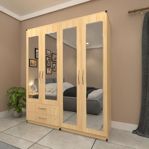 4 Door Mirrored Wardrobe with 2 Drawers, Pre-Assembled, White and Wood Finish. (Oak)