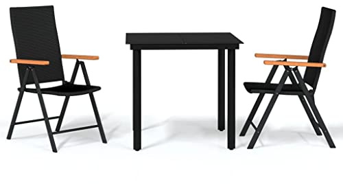 Foknhdi 3-TLG. Gartenmöbel-Set Schwarz 80 cm Tisch & 2 klappbare Rattanstühle 7-Fach verstellbare Rückenlehne Robustes Glastisch-Design Modern für Balkon Terrasse und kleinen Garten