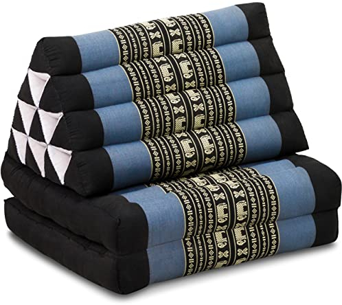 livasia Thai cushion with 2 seat rests - 47x20x3.1″ - Triangle cushion with seat cushion, Wedge cushion, kapok, Back support cushion, folding, Thai mat, folding, Hand made (Blue/Elephants)