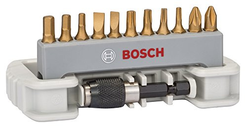 Bosch Pro 11+1tlg. Schrauberbit-Set Max Grip für Phillips-Kreuzschlitz, Pozidriv-Kreuzschlitz, Innen-Torx, Innensechskant- und Längsschlitz-Schrauben mit Schnellwechseluniversalhalter
