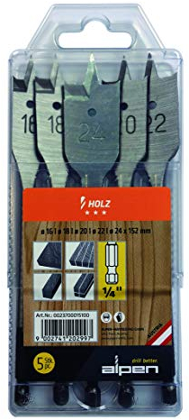 Alpen Flachfräsbohrerset mit Kunststoffbox (5-tlg, scharfe Schneiden, Holzspiralbohrer, Ø 16.0 - 24.0 mm) 0023700015100