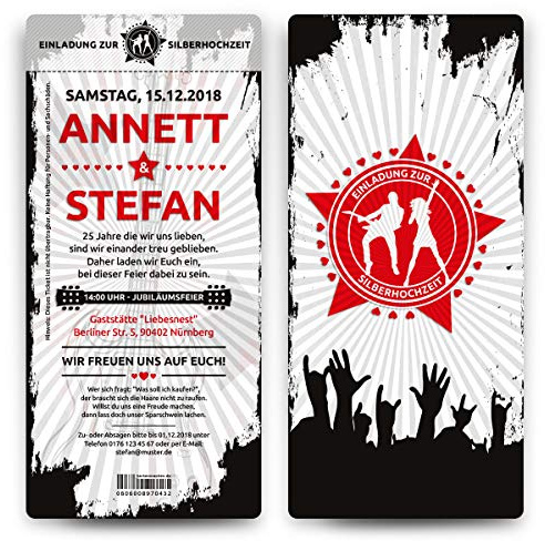 20 x Hochzeitseinladungen Silberhochzeit silberne Hochzeit Ticket Einladungen individuell - Rock and Roll