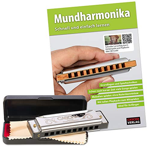 CASCHA Mundharmonika Anfänger Set mit Schule, Blues Harmonica spielen lernen, inklusive Case, Pflegetuch und Lehrbuch, C Dur Harmonika, Silber, Set mit Lehrbuch