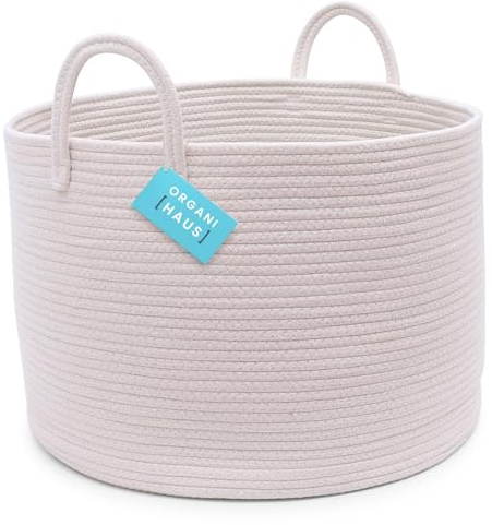 OrganiHaus Korb Geflochten Rund, Wäschekorb Geflochten, Korb Aufbewahrung Groß, Aufbewahrungskorb Kinderzimmer, Aufbewahrungskorb für Decken Kissen Spielzeug, Faltbar mit Griff - 50x33cm, Weiß