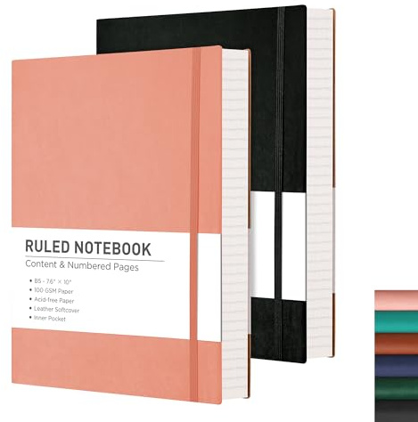 RETTACY Notizbuch Liniert - 2er Pack,19 x 25 cm 100 gsm, 408 Nummerierten Seiten, Kostenlose Haftnotiz-Teiler(schwarz, rosa)