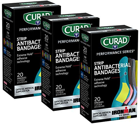 CURAD Performance Series Antibacterial Bandages, Extreme Hold Adhesive Technology, Standard Size Flexible Fabric Bandages for Cuts, Scrapes, & Burns, Assorted Colors, 1 x 3.25 inches, Pack of 3