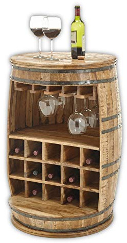 Stella Trading FIASKO - Bar en Forme de tonneau de vin Vintage - en Bois Massif de Mangue - Armoire de Bar élégante avec étagère, Porte-Verres et Compartiments à Bouteilles - 58 x 91 x 58 cm (l x H x