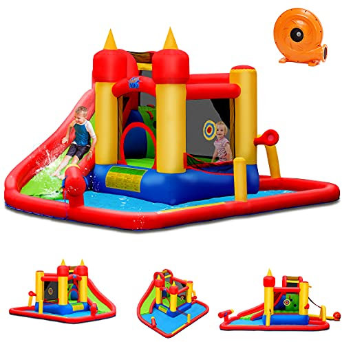GOPLUS 7 en 1 Château Gonflable,Aire de Jeux Aquatique avec Zone de Saut de Mur d'escalade et Toboggan pour Fête de l'eau d’Eté des Enfants, Peut Accueillir Jusqu'à 5 Enfants (avec Souffleur)