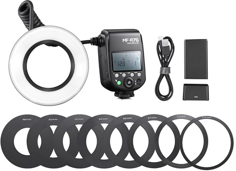 MF-R76 Flash annulaire macro TTL pour photographie – 76 W, 5900 K ± 200 K, flash TTL (manuel), temps de recyclage de 0,1 à 1 s, 32 canaux, 550 flashs pleine puissance, exposition automatique