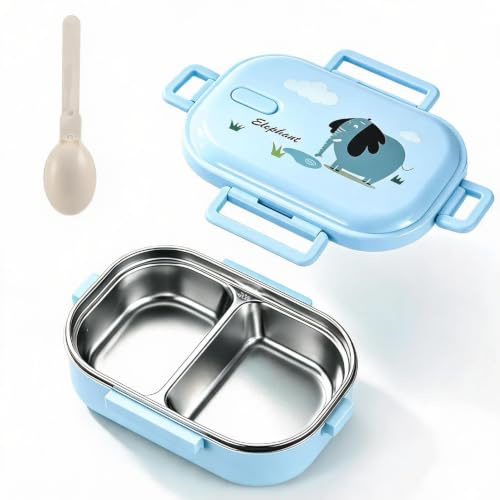 Bento Lunch Box, 720ml Food Lunch Containers for Kids Adult, Spoon, Blue | Snack Boxes, 2 Compartments, Leak-Proof, with Spoon, Portable 304 Stainless Steel, Office School Kindergarten, Fruit Pasta